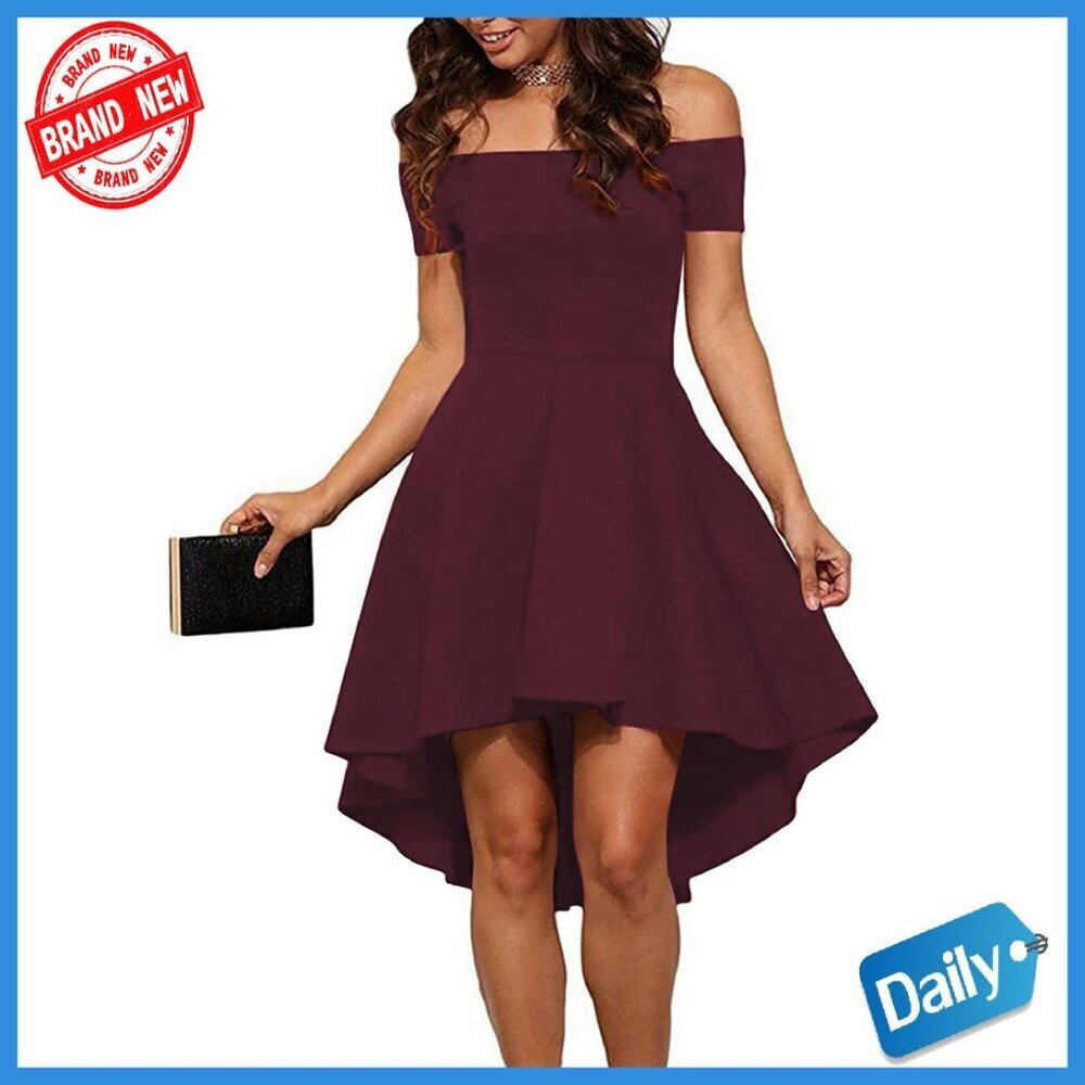 Off Shoulder Skater Dress High Low Hem Cocktail Party Dress